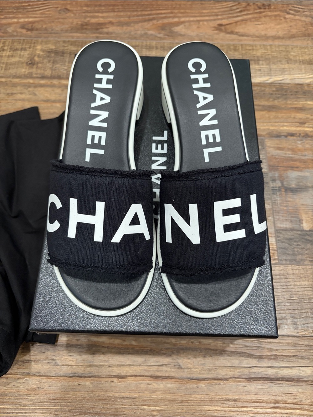 CHANEL Black and White Logo Slide Sandals